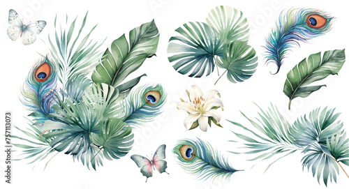 Watercolor tropical palm leaves bouquet with peacock feather