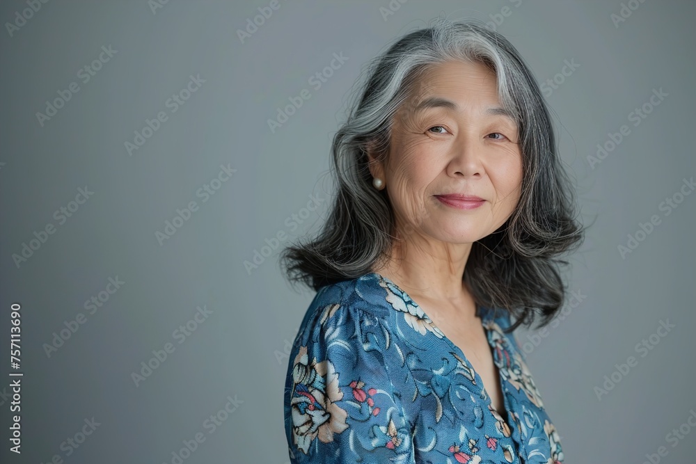 A woman with long gray hair and a blue floral dress is smiling A woman with long gray hair and a blue floral dress is smiling