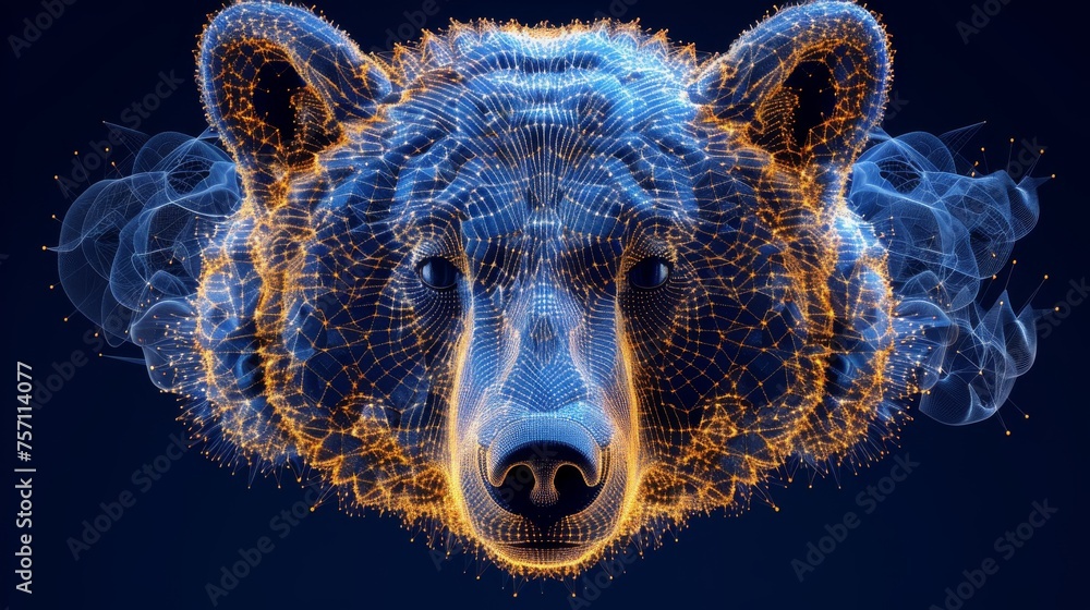 a computer generated image of a bear's head with a blue and yellow pattern on it's face. - obrazy, fototapety, plakaty 