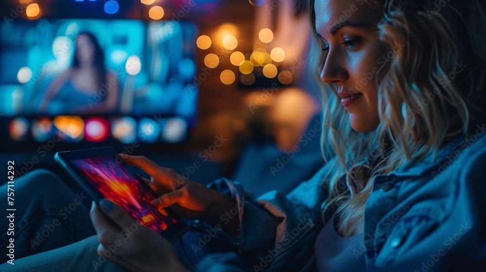 Obraz premium Woman sitting on the sofa in the living room, Using a tablet, Woman is streaming her favorite series on a tablet device, Relaxed Home Lifestyle