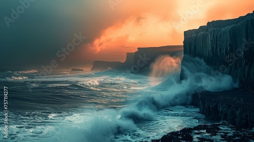 Landscape of ocean with cliff rocks hit by big waves at sunset © Barosanu