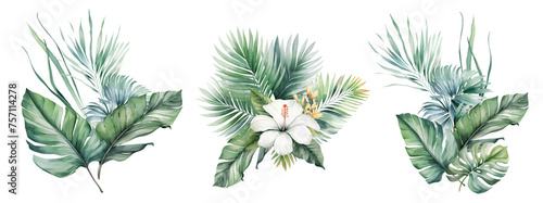 Watercolor tropical bouquet with white flowers and green palm leaves isolated illustration