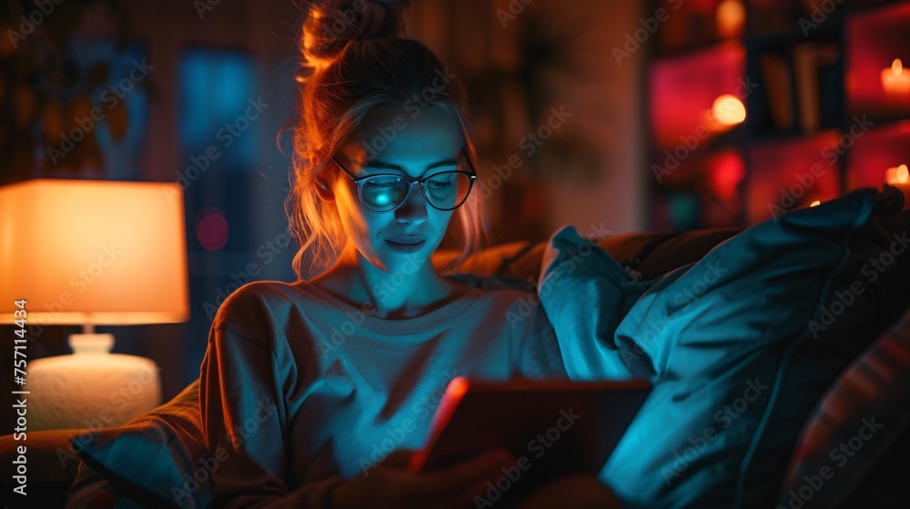 Woman sitting on the sofa in the living room, Using a tablet, Woman is streaming her favorite series on a tablet device, Relaxed Home Lifestyle