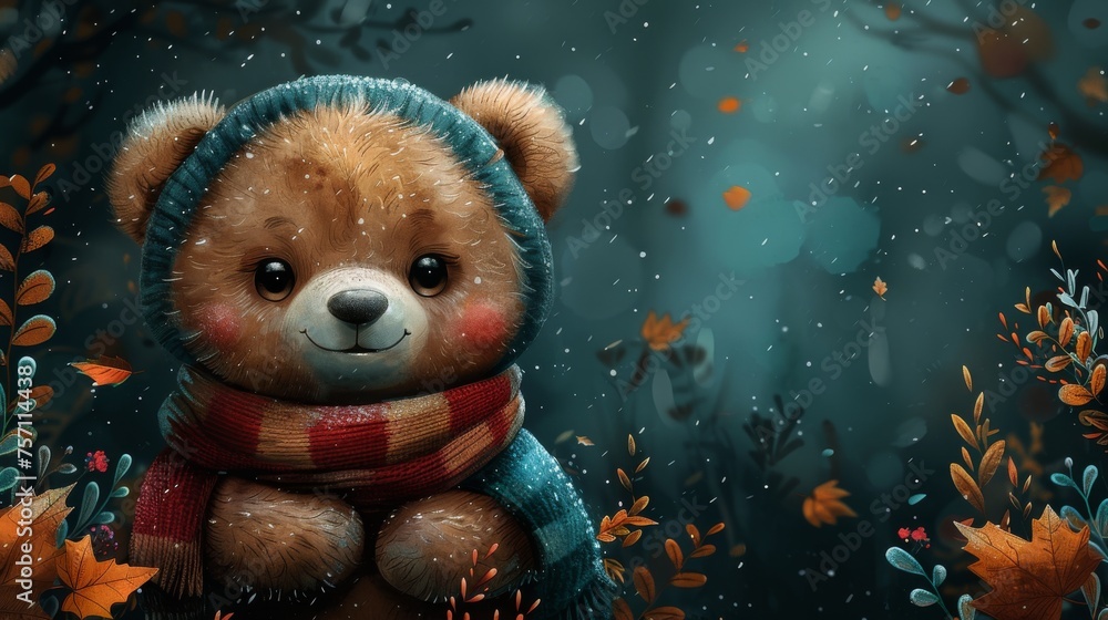 a painting of a teddy bear wearing a scarf and a scarf around its neck sitting in a field of leaves. a painting of a teddy bear wearing a scarf and a scarf around its neck sitting in a field of leaves.