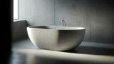 luxury matte concrete bathtub, minimalist, natural light spa