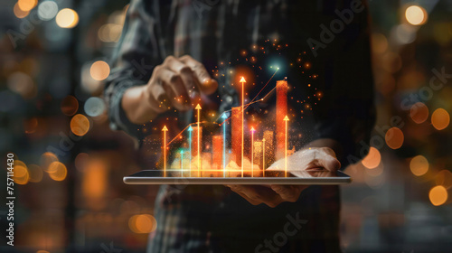 Businessman hold tablet and showing a growing virtual hologram of statistics, graph and chart with arrow up.Generative AI