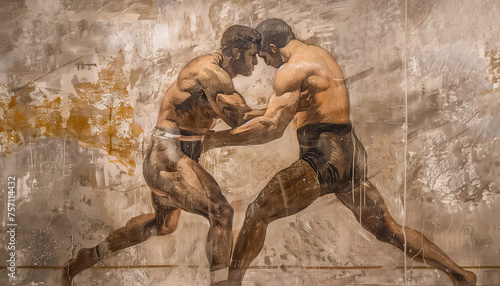 Digital illustration of antique art of Greco-Roman style wrestlers. Athletes-wrestlers of ancient times.