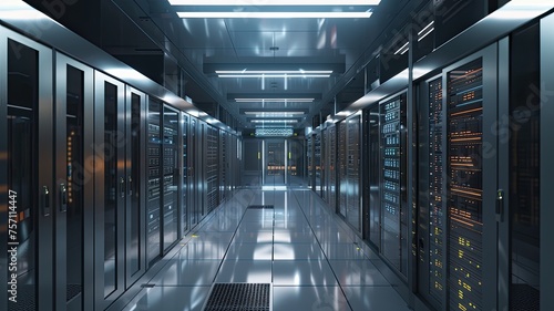 a server room interior within a bustling datacenter, where rows of racks house the intricate machinery that powers our digital world.