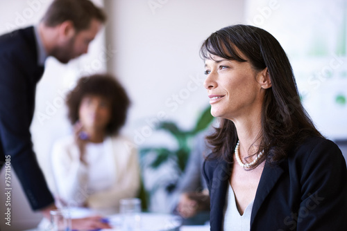 Business meeting, employee and woman daydreaming with smile in boardroom of corporate company. Thinking, leader and female person with happiness, professional and girl with fantasy of promotion