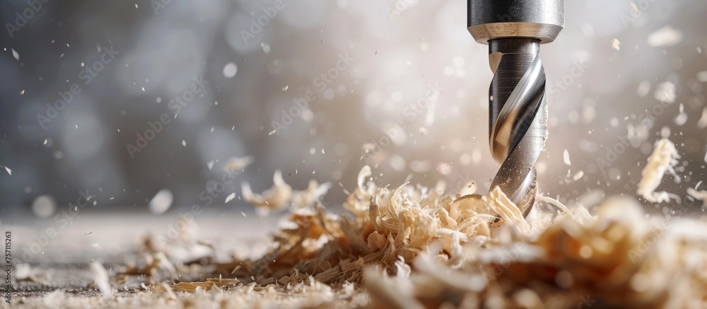 steel drill with wood chippings flying off. Sawdust flies off a spinning drill boring a hole into a wooden board. - obrazy, fototapety, plakaty 