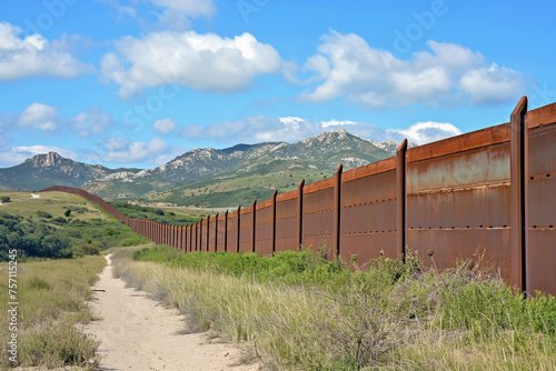 U.S.-Mexico border wall. Old rusty metal border wall.