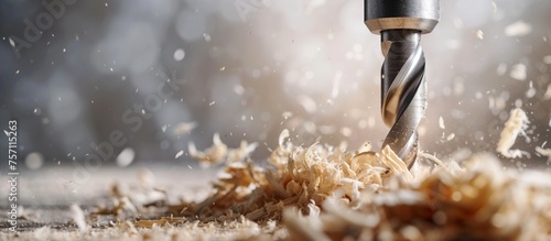 steel drill with wood chippings flying off. Sawdust flies off a spinning drill boring a hole into a wooden board. © RMedia