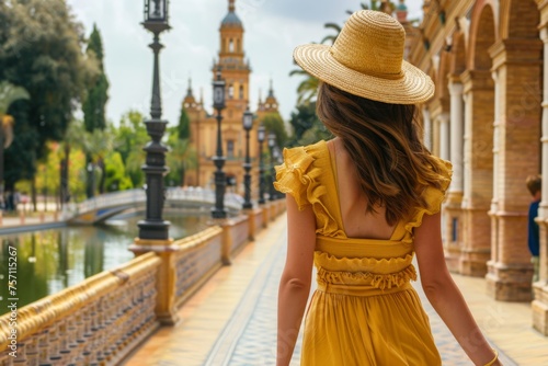 Woman solo traveller in casual summer dress enjoying European city vacation. Summertime holiday tour, sightseeing famous landmarks and tourist spots in Europe