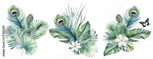 Watercolor tropical palm leaves bouquet with peacock feather