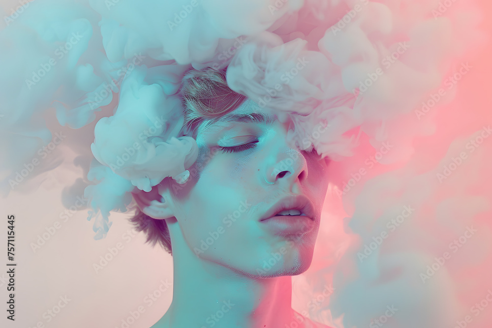 Closeup man portrait with pastel colored candy cloud hair. Depression, addiction, loneliness, poor mental health