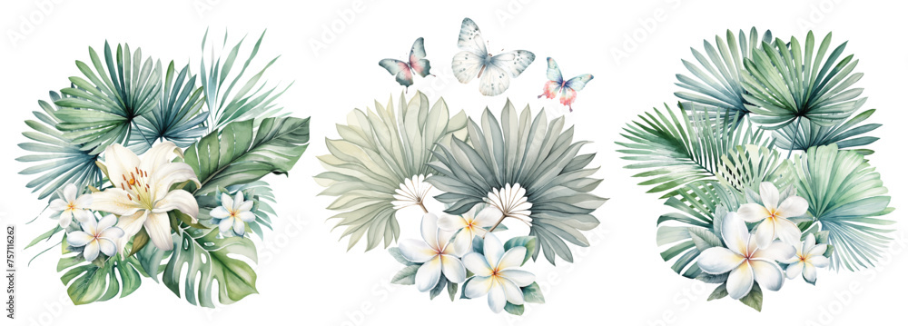 Watercolor tropical bouquet with white flowers and green palm leaves isolated illustration Watercolor tropical bouquet with white flowers and green palm leaves isolated illustration