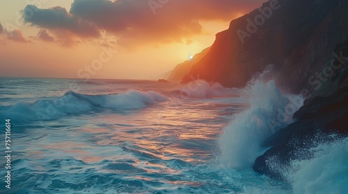 Panoramic seascape at sunrise with waves crashing in cliff rocks