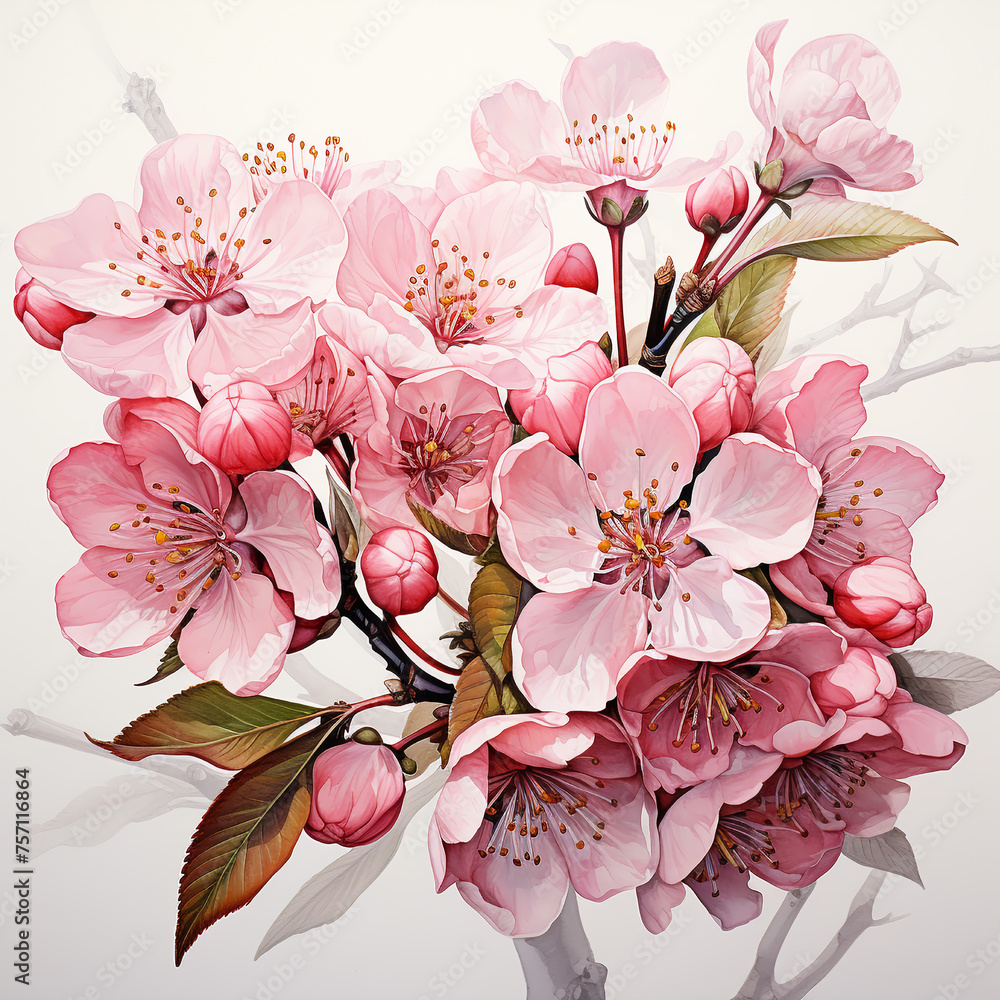 Sakura japan cherry branch with blooming flowers  illustration. Hand drawn style.