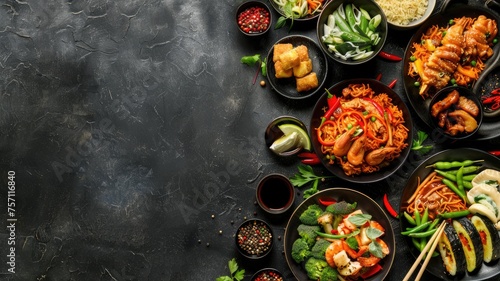 Asian cuisine beautifully arranged on a dark background flatlay layout  leaving ample empty space on one side for additional elements.