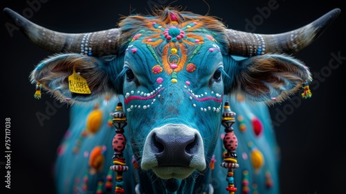 a close up of a cow's face with colorful decorations on it's cow's face and horns. photo