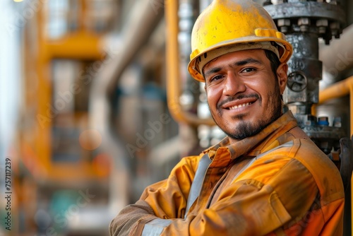Confident gas industry worker standing in a desert oil field