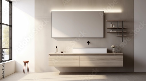 Design a minimalist bathroom with a floating vanity and simple fixtures