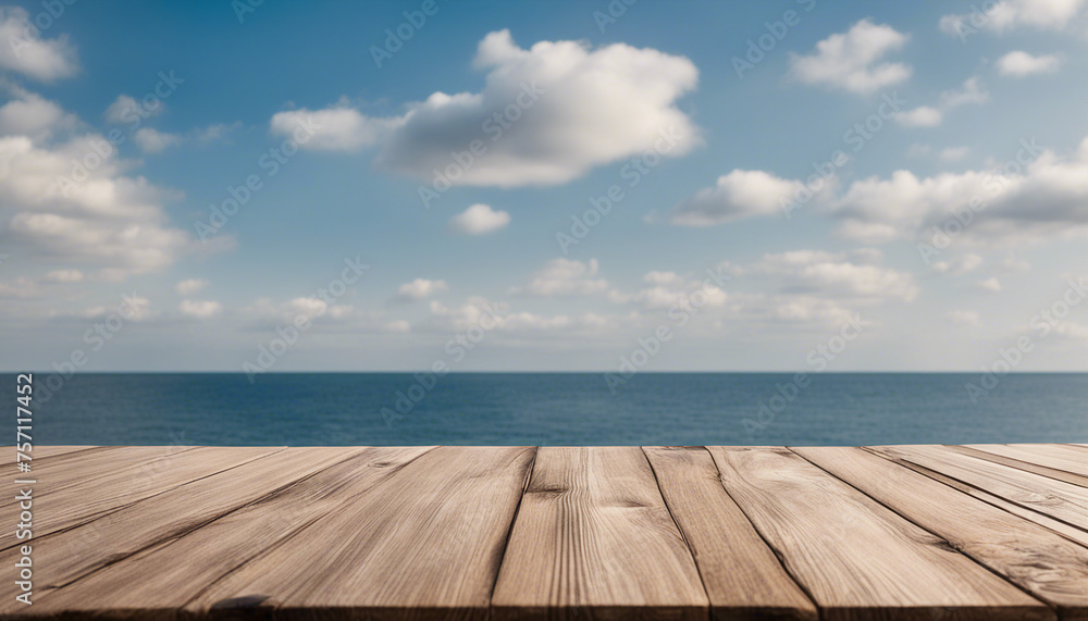 Wooden table on the background of the sea, island and the blue sky Wooden table on the background of the sea, island and the blue sky