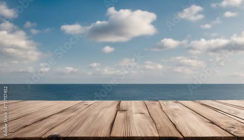 Wooden table on the background of the sea  island and the blue sky