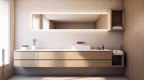 Design a minimalist bathroom with a floating vanity and simple fixtures © Aeman
