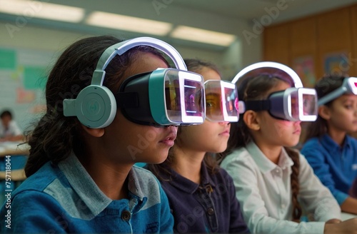 students in class wearing vr technology glasses	
