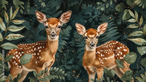 a couple of deer standing next to each other in front of a forest filled with lots of green leafy plants.