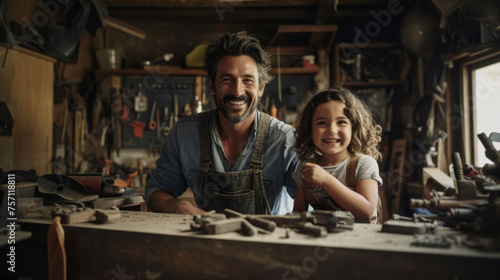 Worker with a child in the workshop. A girl with father on work