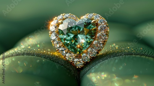 a close up of a heart shaped diamond on top of a green piece of brocade with lots of diamonds on it. photo