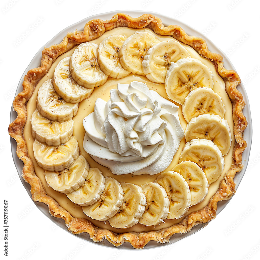 Banana cream pie with a flaky pie crust, creamy banana custard filling, and whipped cream topping, garnished with banana slices, isolated on a white background Banana cream pie with a flaky pie crust, creamy banana custard filling, and whipped cream topping, garnished with banana slices, isolated on a white background