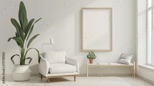 Blank white frame with minimal sofa for mockup presentation © Sanuar_husen