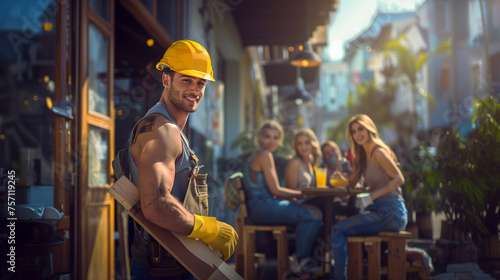 A fit construction worker in overalls and helmet carries wood on his shoulder, exchanging smiles with women enjoying drinks at an outdoor bar in a sunny town.