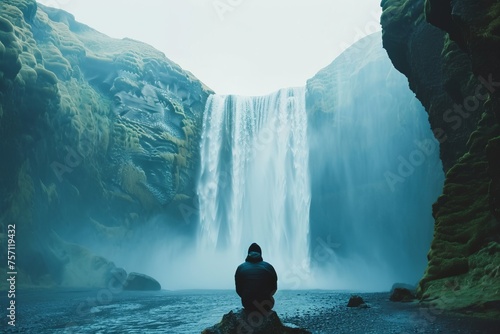 Man contemplating a waterfall