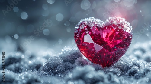 a red heart shaped diamond sitting on top of a pile of snow covered ground with drops of water on top of it. photo
