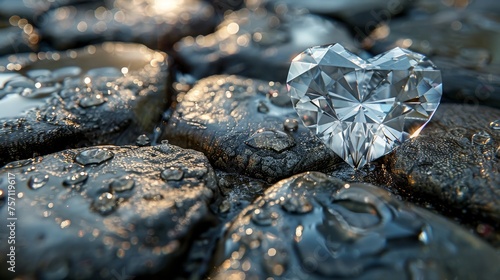 a heart - shaped diamond sitting on top of a pile of rocks with drops of water on top of it.