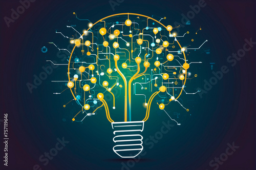 Artificial intelligence with light bulb ideas, in the world of digital computers, vector style. Generative AI