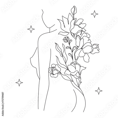 Line art woman in trendy hand-drawn abstract minimalistic style. Vector illustration of female body posing, Black isolate on a white background, Logo For Gym, Spa, Salon, Yoga Startups photo