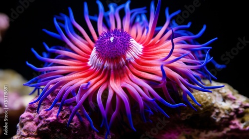 Dazzling undersea tropical fluorescent sea anemone in vibrant deep sea coral reef ecosystem