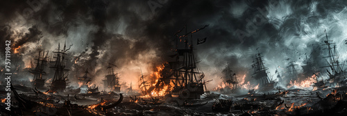 Wallpaper in the style of watercolor painting  a modern series of panoramic aerial views of a naval battle of sailing ships of the 17th century