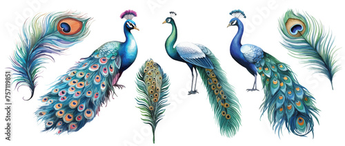 watercolor peacocks birds and feathers set hand drown illustration photo