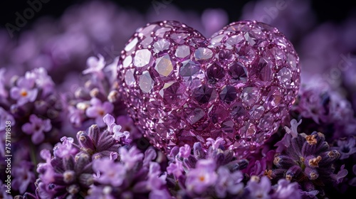 a close up of a heart shaped object in a field of purple flowers with lots of tiny flowers around it.