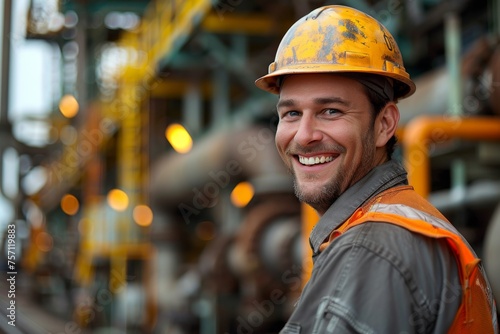 Confident oil industry worker at a vibrant desert oilfield site