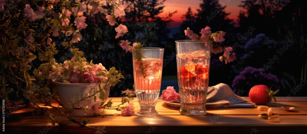 Two glasses of wine are elegantly displayed on a stylish wooden table, creating a sophisticated and inviting ambiance for a social event or romantic dinner Two glasses of wine are elegantly displayed on a stylish wooden table, creating a sophisticated and inviting ambiance for a social event or romantic dinner