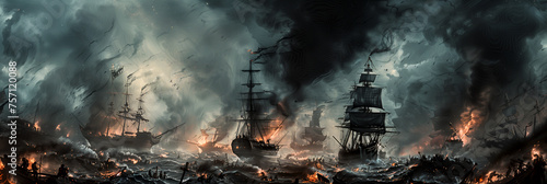Wallpaper in the style of watercolor painting, a modern series of panoramic aerial views of a naval battle of sailing ships of the 17th century