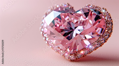 a close up of a pink heart shaped diamond ring on a pink surface with a diamond border around the center. © Nadia