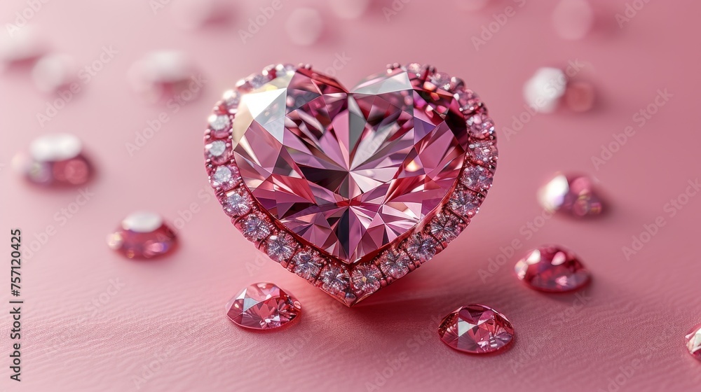 a pink heart - shaped diamond surrounded by pink and white diamonds on a pink surface with scattered diamonds around it. a pink heart - shaped diamond surrounded by pink and white diamonds on a pink surface with scattered diamonds around it.
